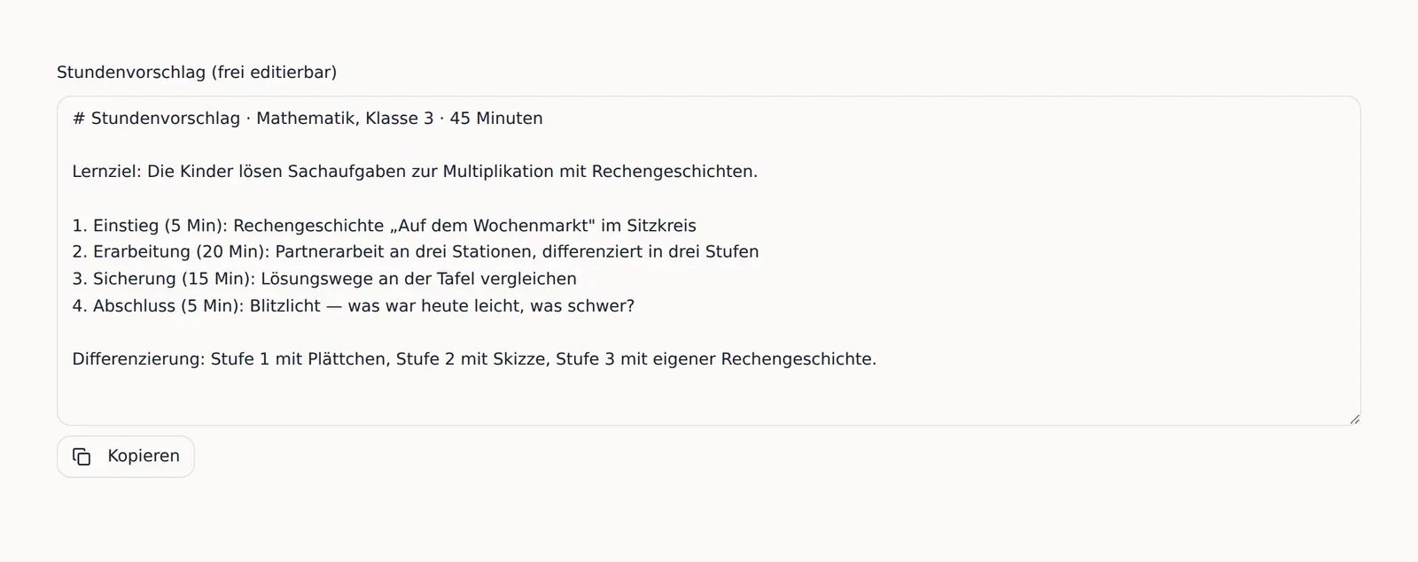 Oberfläche von unterrichtsplanung.ai mit Beispieldaten: ein frei bearbeitbarer Stundenvorschlag für Mathematik, Klasse 3.